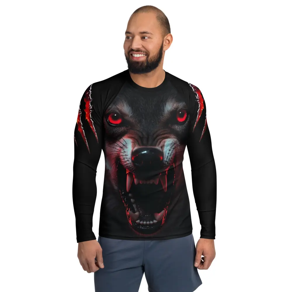 Red-Eyed Alpha Wolf Rash Guard Long Sleeve Compression Shirt for Sports Protection 75% Recycled Polyester 25% Elastane