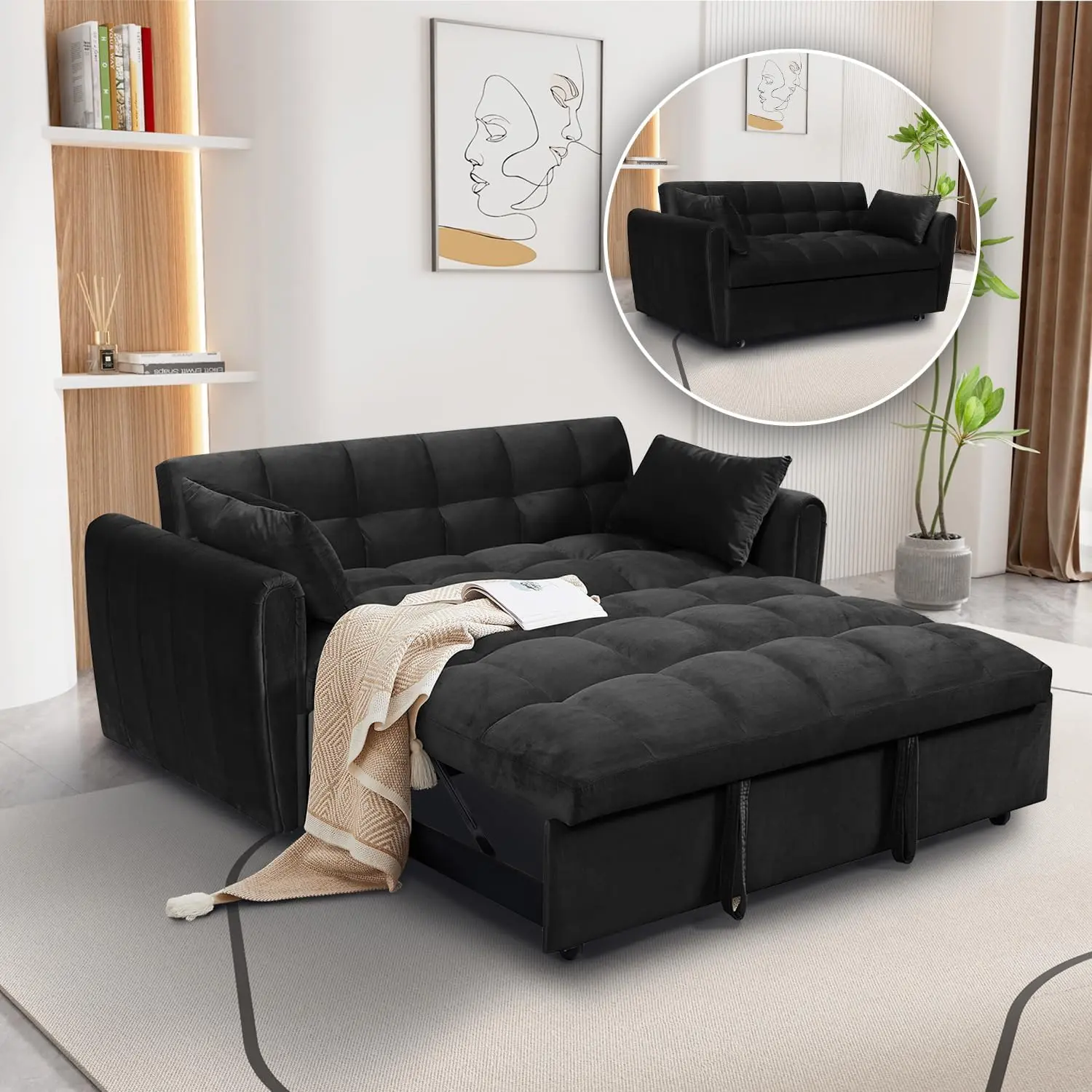 65" Large Size Convertible Sleeper Sofa Bed, 3-in-1 Velvet Loveseat with Adjustable Backrest & Storage Pocket and pillow, Modern Futon Sofa for Small Spaces, Apartment, Living Room, Office, Black