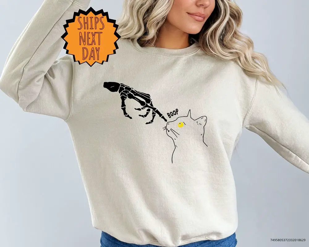 Halloween Cat Sweatshirt, Skeleton Cat Sweater, Halloween Sweater, Halloween Gift Sweater, Halloween Pumpkin Sweater, Cat Lover Sweater