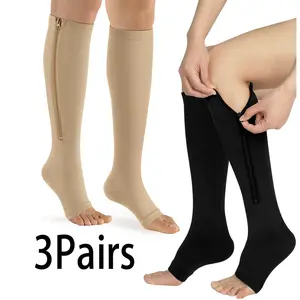 3 Pairs Zipper Open Toe Compression Socks 20-30mmHg, Graduated Support Stockings for Women Men, Comfortable Leg Support for Travel, Nurses, Running, Daily Wear