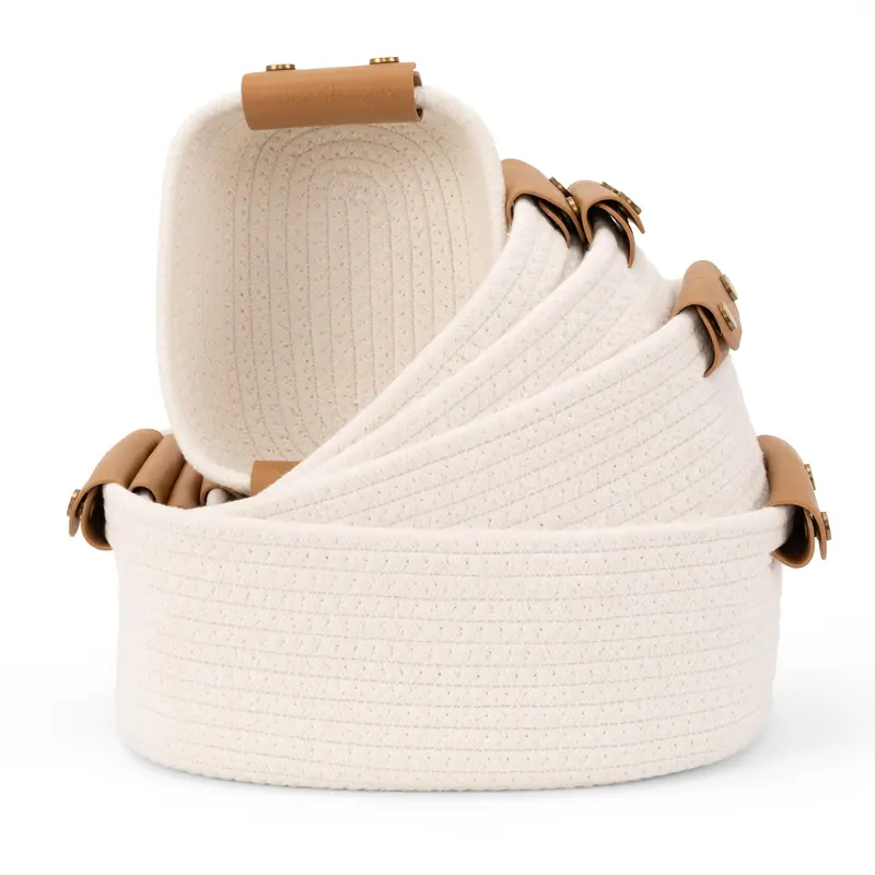 5-Piece Durable Woven Storage Baskets - Multifunctional Modern Multi-Size Rectangular Decorative Baskets with Detachable Handles, Portable Cotton Rope Closet Organizers for Home Supplies, Closet Storage