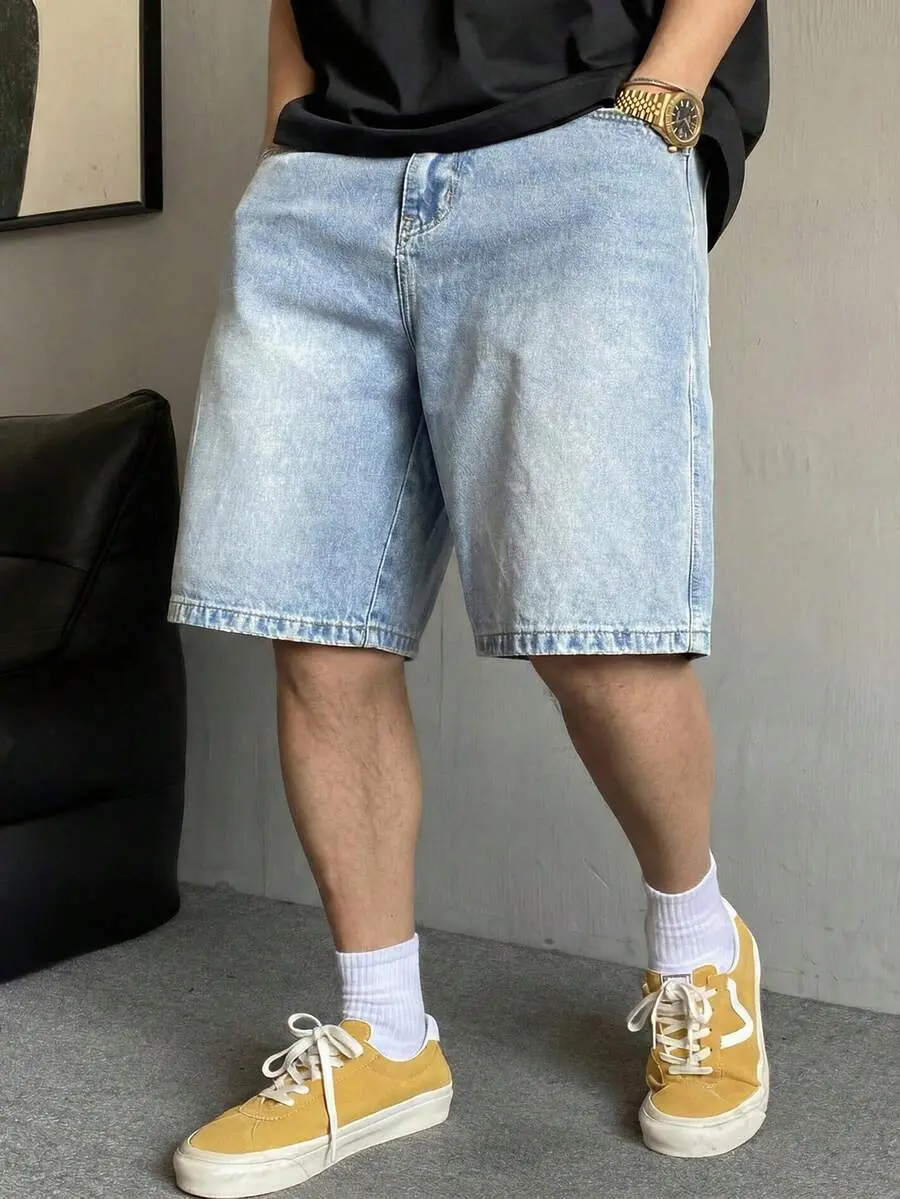 Woozie Men's Summer Non Stretch Denim Shorts Straight Leg Mid Thigh Length
