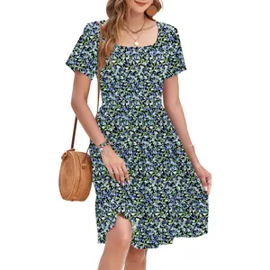 AUSELILY Womens Square Neck Dresses Ditsy Floral Print Short Sleeve A-Line Ruffle Empire Waist Sundress with Pockets 2026 Shortsleeve