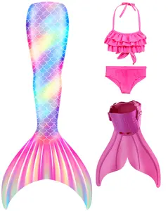 Girls 4‑Piece Rainbow Pink Gradient Mermaid Tail Swimsuit Set with Monofin, Ruffled Halter Bikini Bathing Suit for Kids Summer Beach Pool Swimming