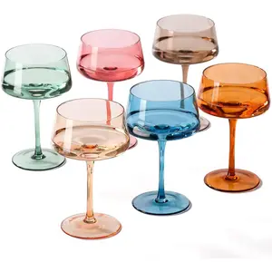 Hand Blown Colored Coupe Glasses Set of 6-13oz large Crystal Martini, Cocktail & Champagne Glasses -Cute & Colorful Cocktail Glassware-Perfect for Bar, Cocktails, Martinis-Wedding Gifts
