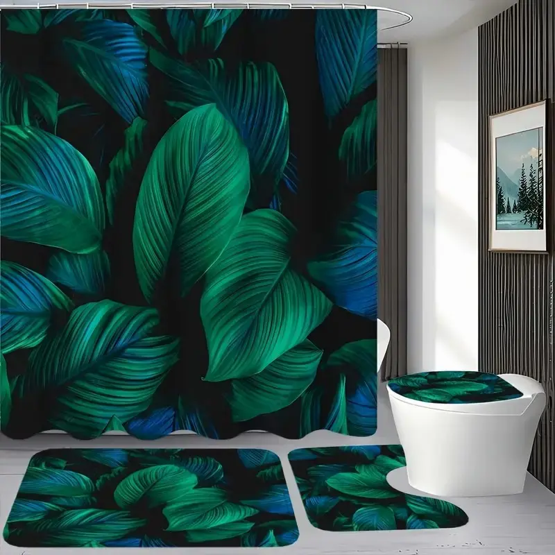 1/4 pcs dark green leaf pattern shower curtain set, non-slip floor mat, U-shaped carpet, toilet lid cover, perfect for bathroom decoration accessories, partition, beautify the space, free 12 shower curtain hooks