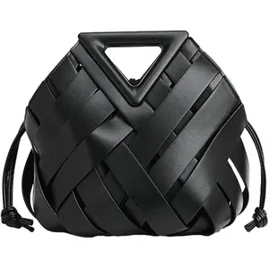 Woven Triangle Handle Handbag for Women | Vegan Leather Shoulder Bag | Fashion Tote Purse- Black