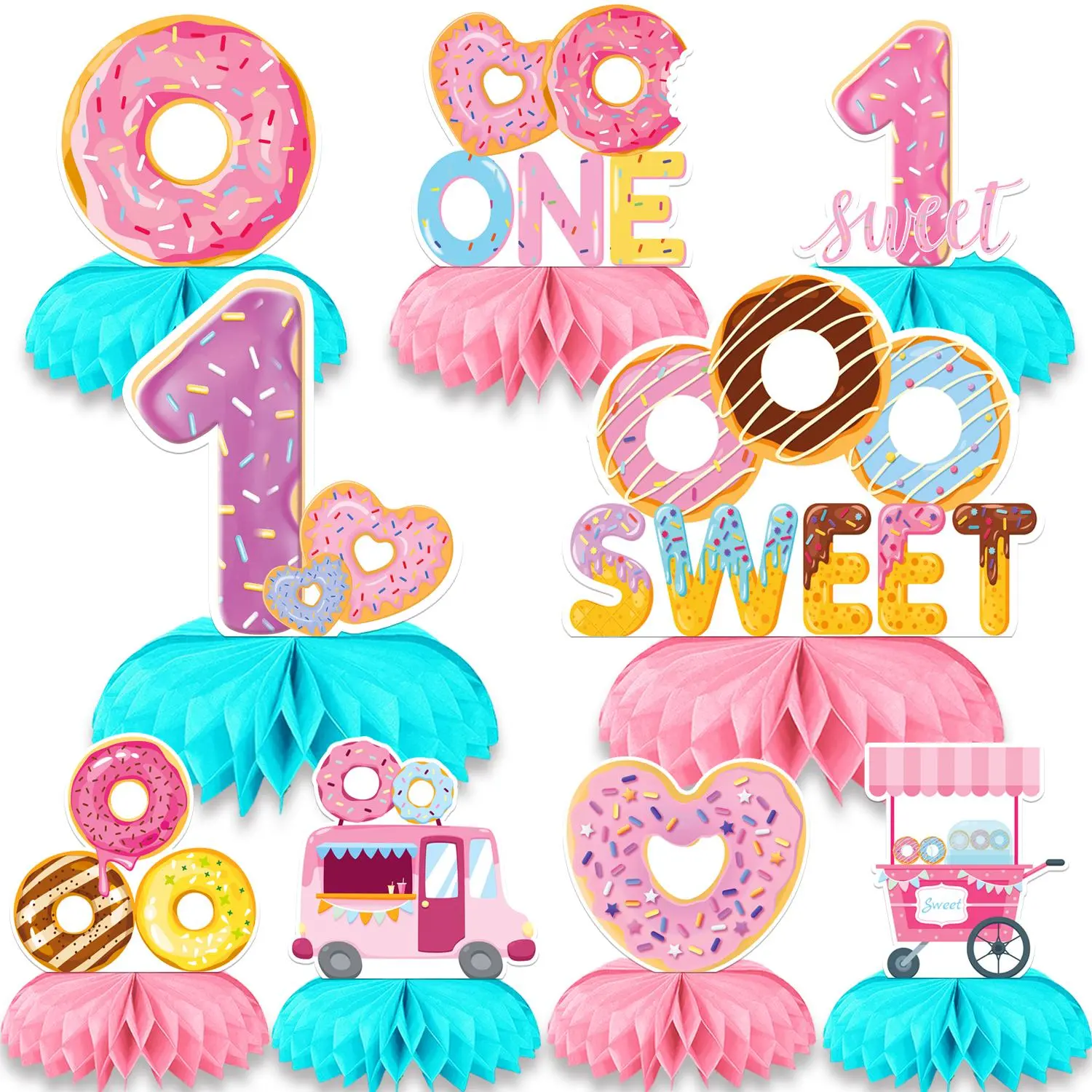 Donut Birthday 3D Honeycomb Centerpiece, 9 Counts/set Colorful Donut Birthday Centerpiece, Birthday Party Decoration Supplies, Ornaments