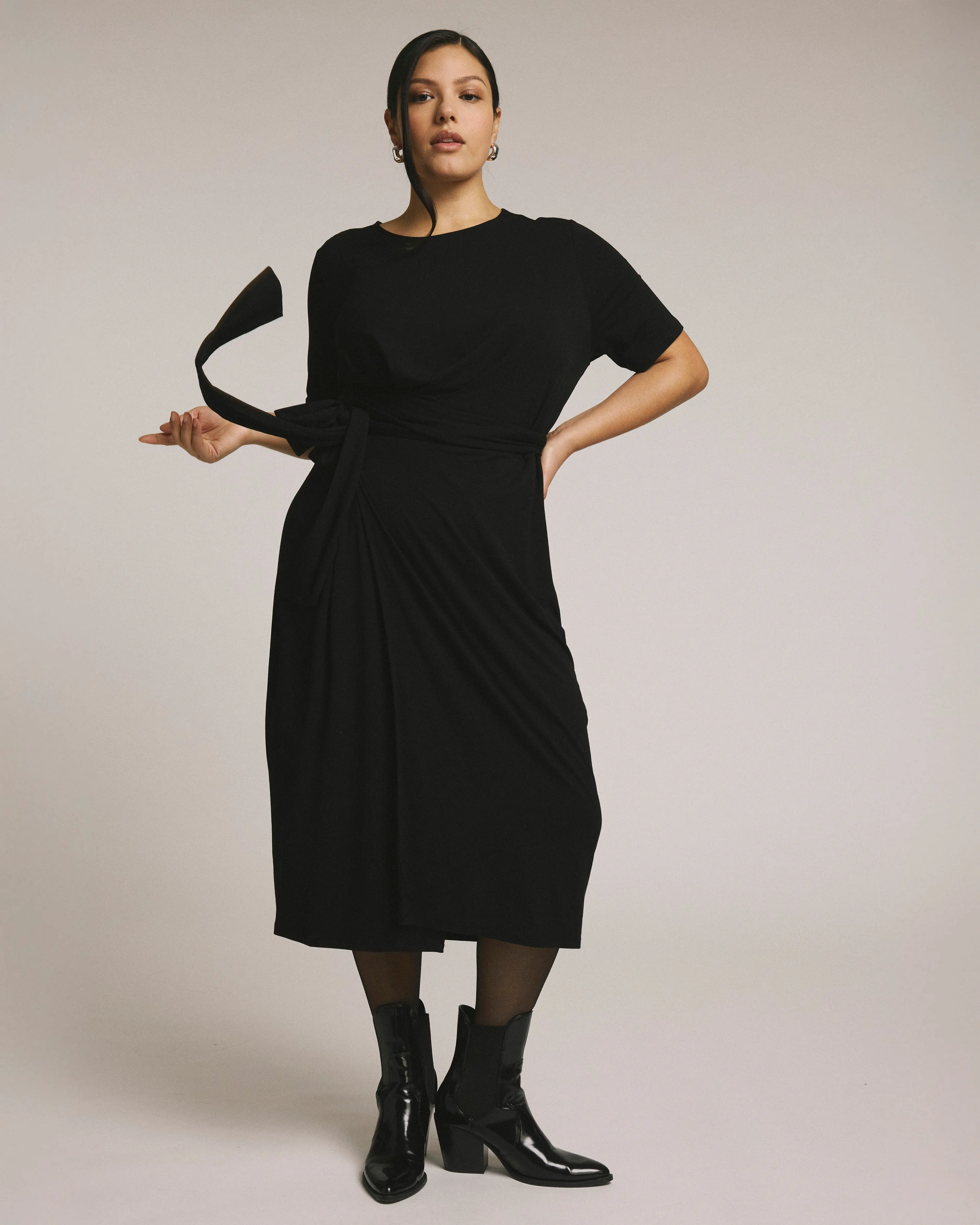 Women's Casual Delilah Wrap Dress - Black Rayon Liquid Jersey with Elastane, Stretch Fit, Soft, Built-in Tie Waist, Elegant Holiday Party Wear, Cold Wash, Cool Iron, Flat Dry, Non-Chlorine Bleach