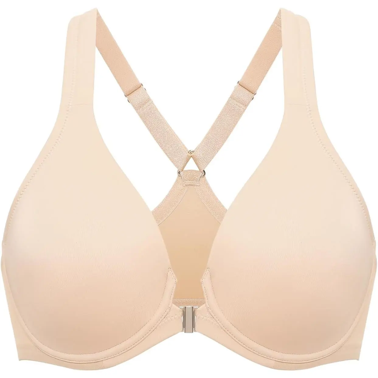 Women's Lingerie Front Closure Plunge Bra - Seamless Racerback, Unlined Underwire, Full Coverage Cups, Plain Basic Beige