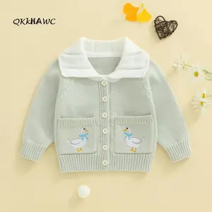 Girls Autumn Knit Sweater Cardigan Long Sleeve Lapel Button Up Duck Embroidery Knitwear