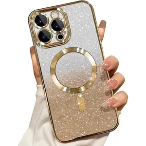 Phone Cases for iPhone 17 Pro Max 16 15 14 13 12 11 Pro Max Plus Magnetic Glitter Case Compatible with MagSafe,Camera Lens Protector Full Protection Elegant Anti-Scratch Dust-Proof Net Case Cover for iPhone 17 Pro Max Gold