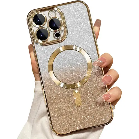 Magnetic Glitter Phone Cases for iphone 18 Pro Max 18 Pro 17 Pro Max 16 15 14 13 12 Pro Max Plus Protective Shell Multi-Model Full Cover, Full Protection, Anti-Scratch, Dust-Proof Net Cover with Camera Lens Protector, Gold Phone Case for iphone 18 Pro Max