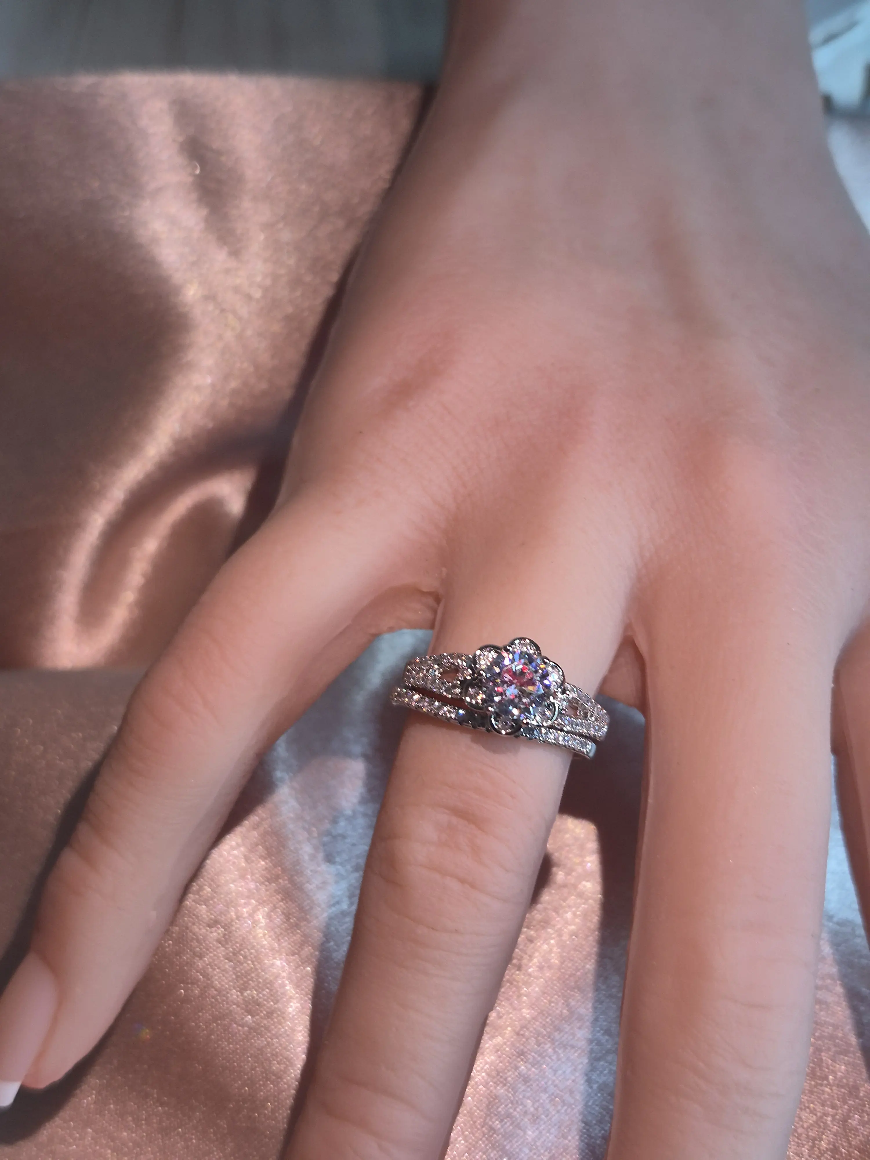 Silver Plated Double Band Wedding Ring Set with CZ