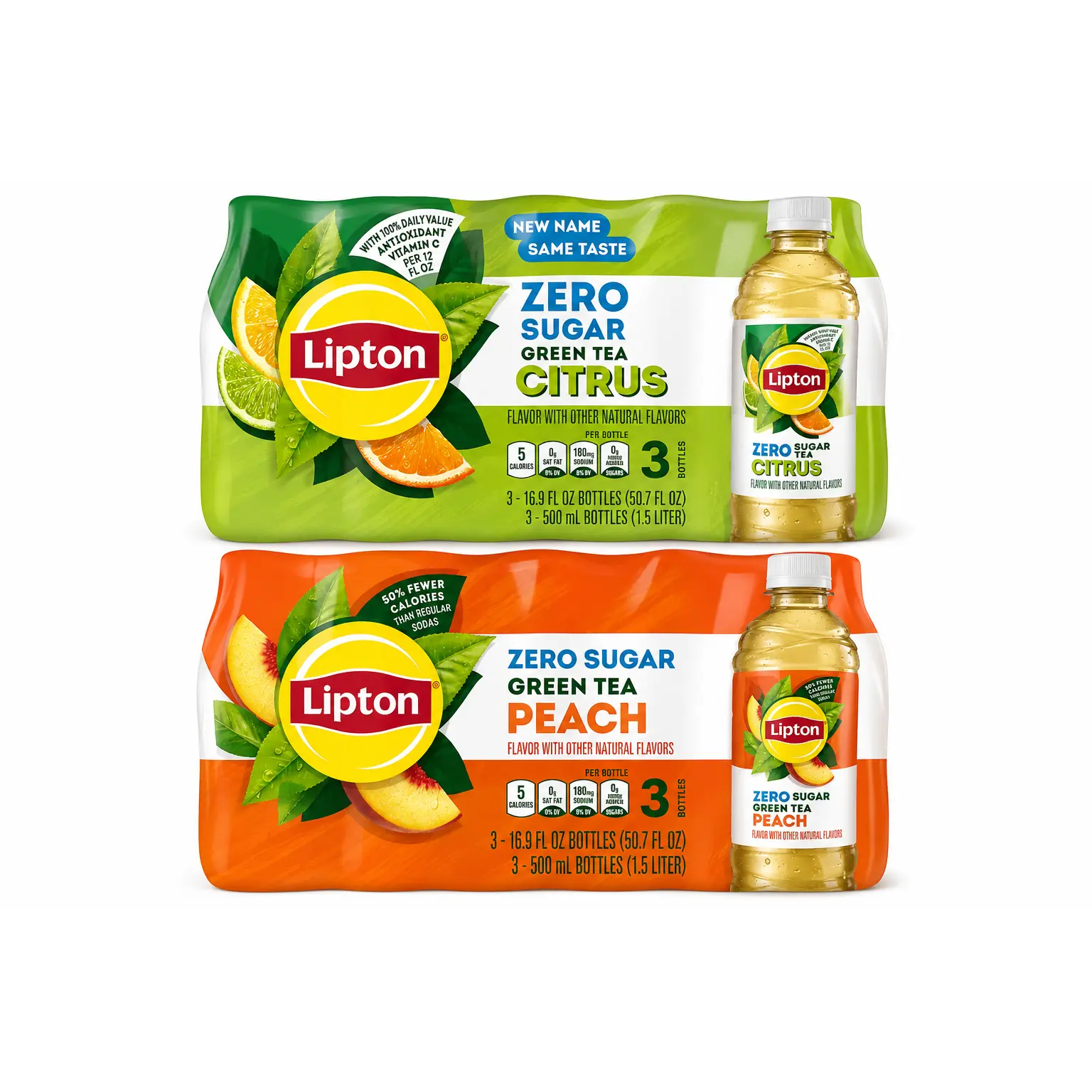 Zero Sugar Green Tea Variety Pack - Citrus & Peach Flavors, Ready-to-Drink Tea Beverage, 16.9 FL oz. Bottles, 6 Count
