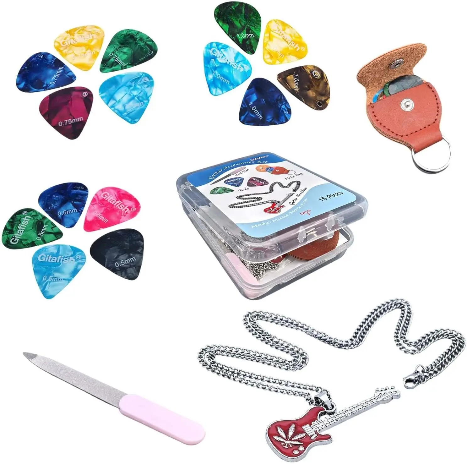 15 Pack Guitar Celluloid Picks Guitar Necklace Guitar  for friends  Mini  File 3 Thicknesses Variety Colorful Ukulele Guitar Plectrums for Guitars Ukulele Plectrum picks bag