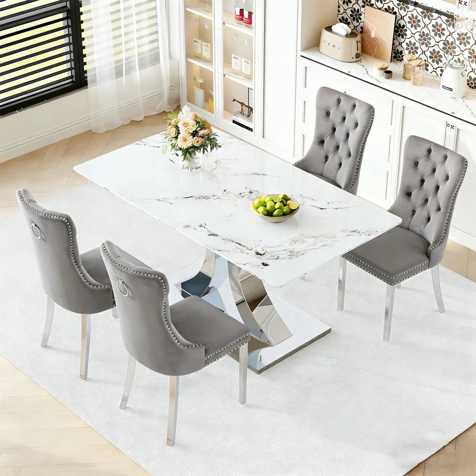 1 Table+4 Gray Silver Metal Chairs