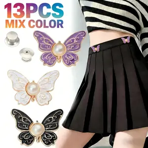 13PC Set Butterfly Pearl Waist Buckle No Nails No Sewing Detachable Metal Button Jeans Waist Reducer Waist Tightening Tool