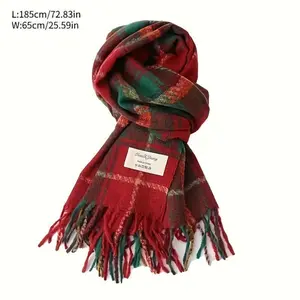 Christmas Plaid Tassel Scarf Vintage Striped Thickened Warm Shawl Outdoor Coldproof Neck Guard Elastic Scarf for Winter Fashion All Seasons Knit