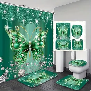 Butterfly Pattern Shower Curtain Set, 4 Counts/set Including Shower Curtain & Toilet Lid Cover & Bath Mat & U-shaped Mat, Bathroom Accessories, Bathroom Shower Equipment, Home Goods