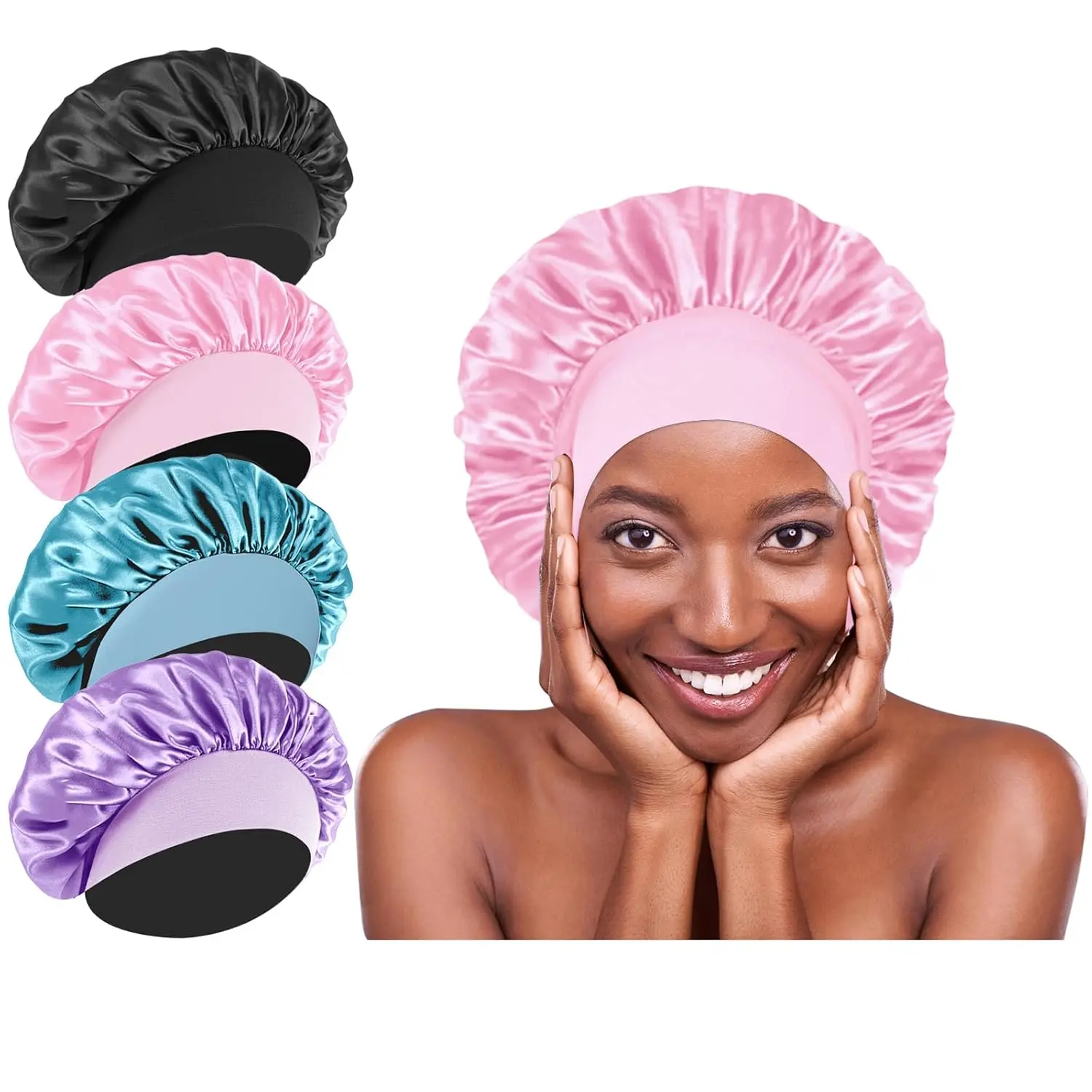 4 count Silk Satin Hair Bonnets for Sleeping - Elastic Wide Band Satin Hair Wrap for Sleeping Black Women Men,Silk Bonnets for Curly Hair(Black & Pink & Blue & Purple)