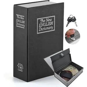 Simulated Book Storage Box with Combination/Key Lock, Black Portable Metal Secret Storage Box, Hidden Container for Cash and Jewelry with Two Keys, Suitable for Home o Office Use.