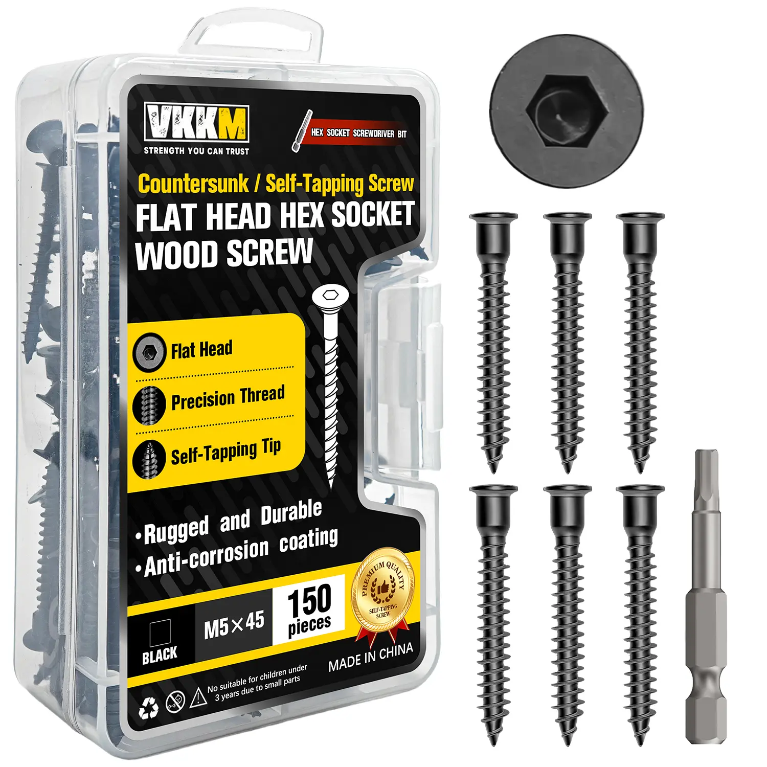 KKM 150Pcs M5 x 45mm Black Hex Socket Countersunk Wood Screws, Internal Hex Self-Tapping Flat Head Wood Screws with Free Hex Bit, Anti-Corrosion Coated Wood Fasteners for Furniture, Cabinet, General Woodworking Projects