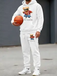 Men's Trendy Cartoon Bear Hoodie Set with Drawstring Pants, Casual Long Sleeve Hooded Jacket, Fall & Winter Sports Wear 2 Piece Set