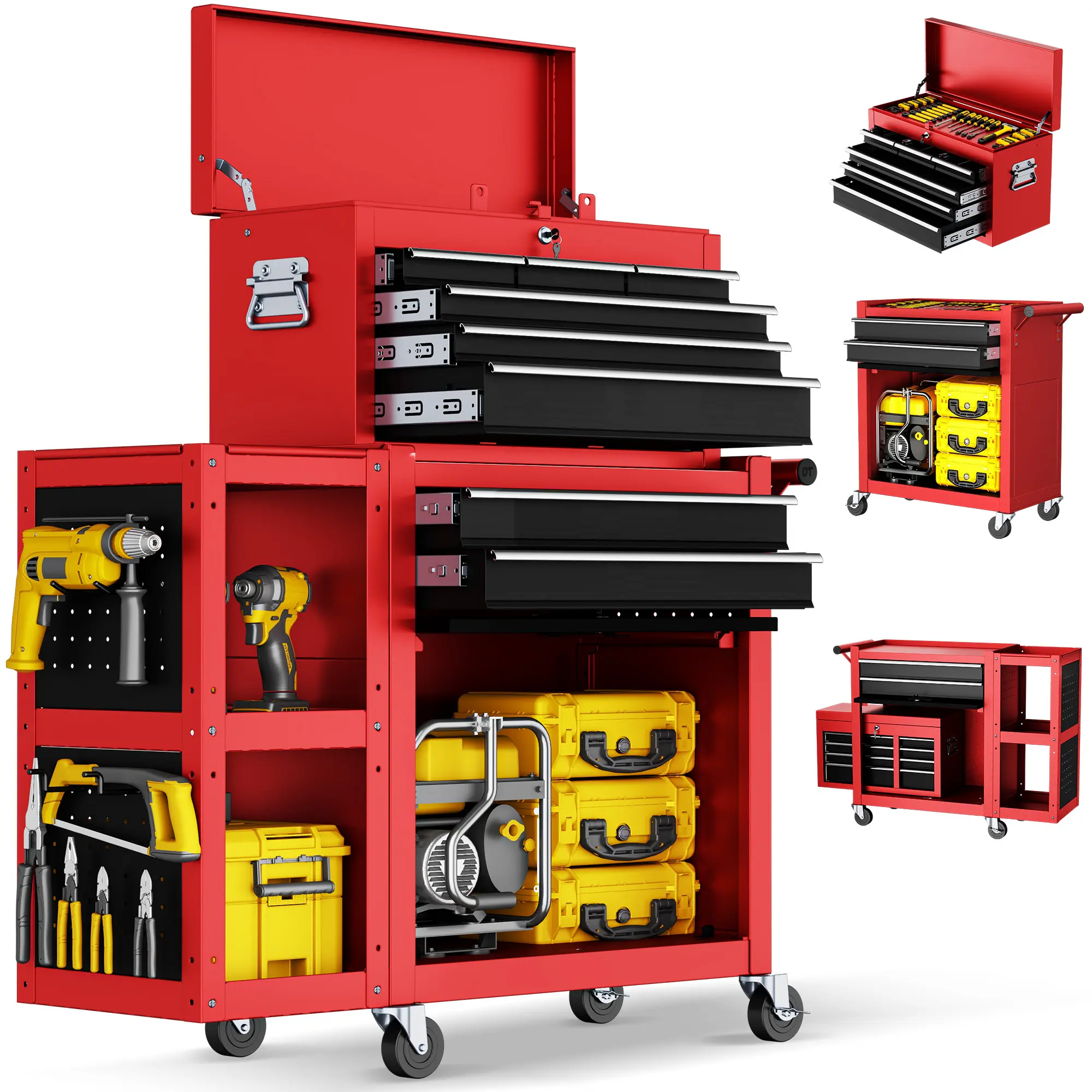 8-Drawer Rolling Tool Chest Cabinet, Detachable Metal Tool Box with Lock & Wheels, Heavy Duty Garage Tool Organizer with Side Hooks, Black