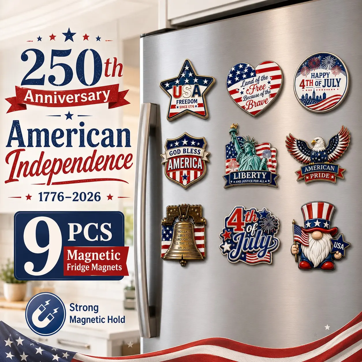 9 Pcs Patriotic Decorative Magnetic Refrigerator Magnets, Magnets for Fridge for 4th of July, Usa Independence Day Decor, Epoxy Dome Resin Finish, Strong Magnetic Backing, Holiday Party Gift