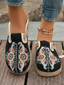 Women's Ethnic Embroidered Sandals, Linen Trim Breathable Canvas Flat Slippers, Summer Outdoor Retro Casual Shoes, Comfortable and Stylish