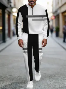 European and American two-piece men's white sports suit |     Geometric stripe design, semi open collar |     High quality polyester fiber fabric, wrinkle resistant and easy to maintain |     Fitness trend, suitable for sports and leisure style