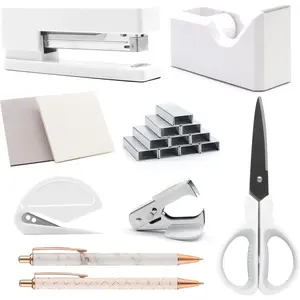 White Office Supplies, White Desk Accessories, Stapler and Tape Dispenser Set for Women with Stapler, Tape Dispenser, Staple Remover, Staples, Clips, Scissor and Pens for Students