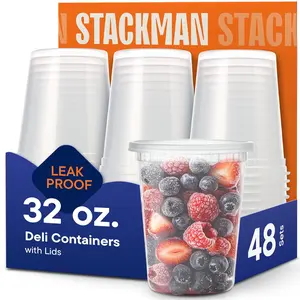 [48 Sets - 32 oz. Plastic Deli Disposable Food Storage Containers with Airtight Lids