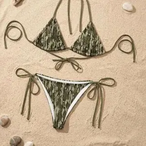 Olive Camo Tie-Side Bikini Set – Minimalist Army Green Summer Swimwear Hot 7NH DZ0 WQ1