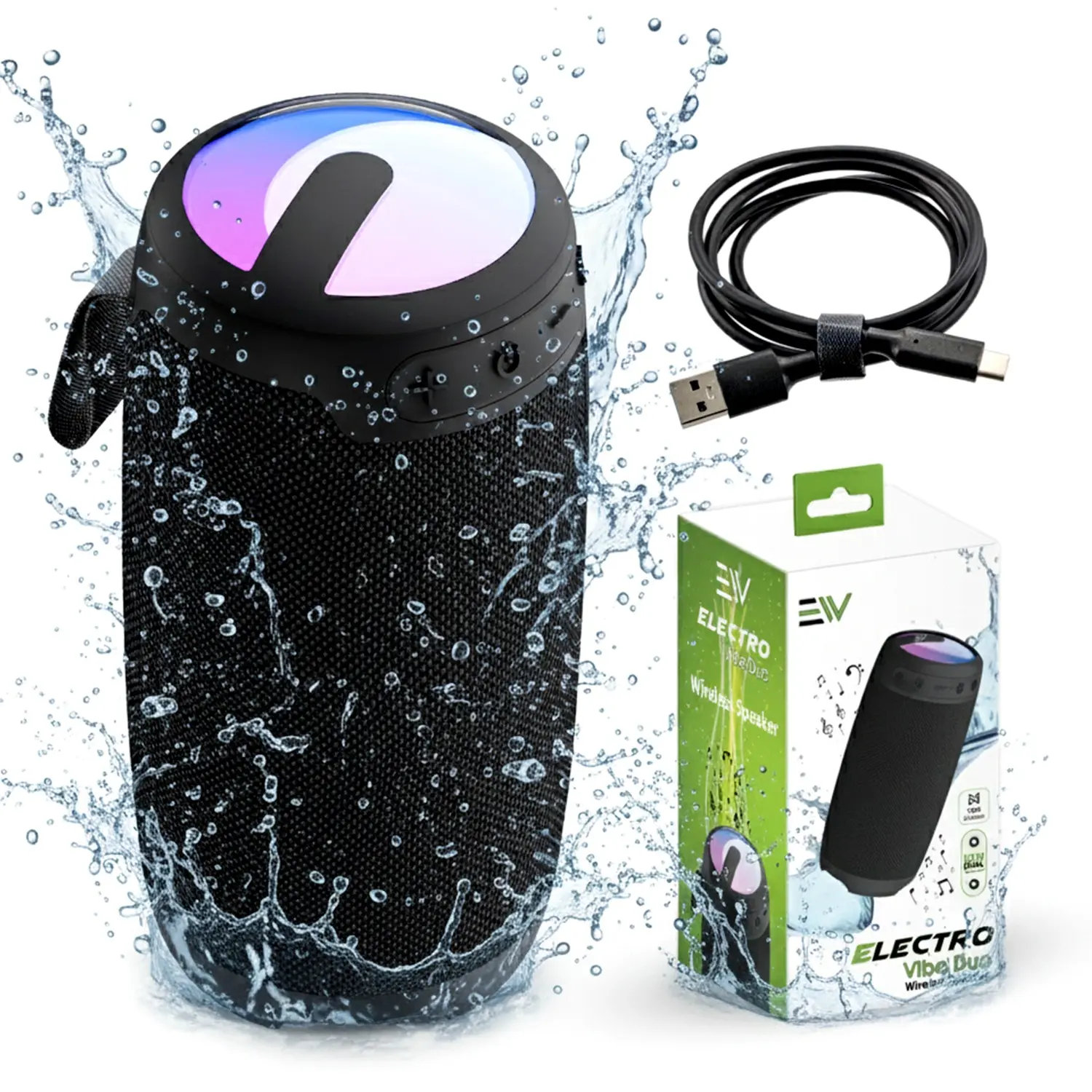 Electronic World Vibe Duo Compact Wireless Portable Bluetooth 5.3 Stereo Speaker - 10W Deep Bass Audio Device with LED Lights, USB-C Charging, Waterproof Design for Outdoor Travel, Rechargeable Black Speaker for Mobile Streaming, Portable Speakers