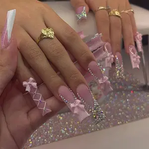 24Pcs Coffin Press on Nails Extra Long Fake Nails Pink French Tip Acrylic Nails Press on with 3D Bow Charm Designs Glossy Rhinestones Glue on Nails Cute Reusable False Nails for Women Girls