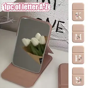 Mini Pink Flower White Letters Foldable Portable Makeup Mirror,letters Of A-Z Makeup Mirror With Bracket, Travel Mirror, Beauty Products, Desktop Makeup Mirror, Desktop Compact Mirror Foldable Makeup Mirror, Travel Portable Makeup Mirror, Women's Gift