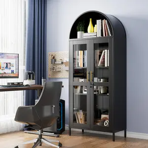 Aobabo 73"H Metal Arched Cabinet, Pantry Cabinet with Glass Door, Modern Display Bookshelf with 2 Adjustable Shelves for Dining Room and Living Room, Black, Assembly Required