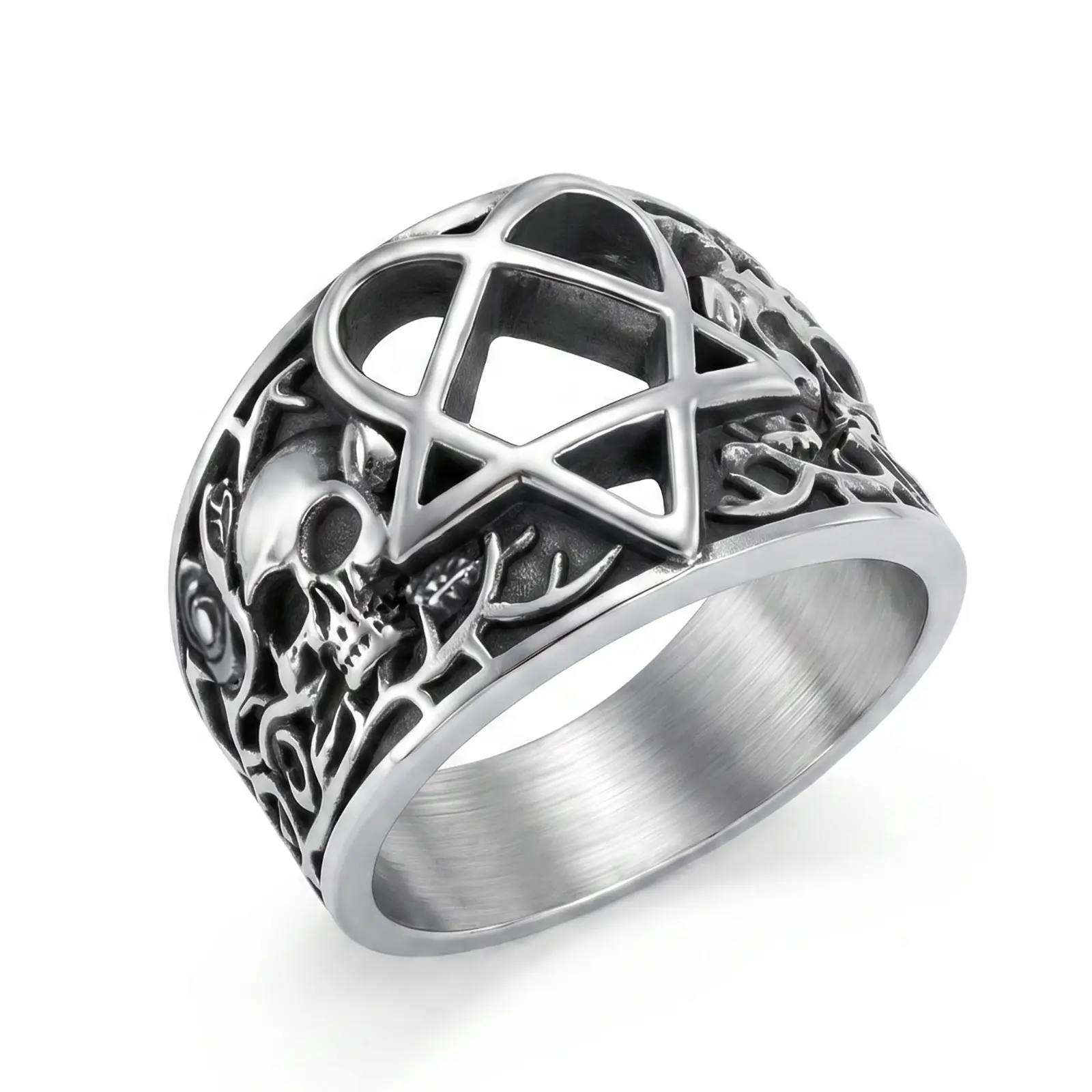 Elfasio Unisex Hypoallergenic Stainless Steel Gothic Band Ring - Heartagram, Rose/Skull, Pentagram Designs, Retro Look Finger Jewelry (Unisex Sizes 8-13) for Punk Rock Gifts, Everyday Wear for Women