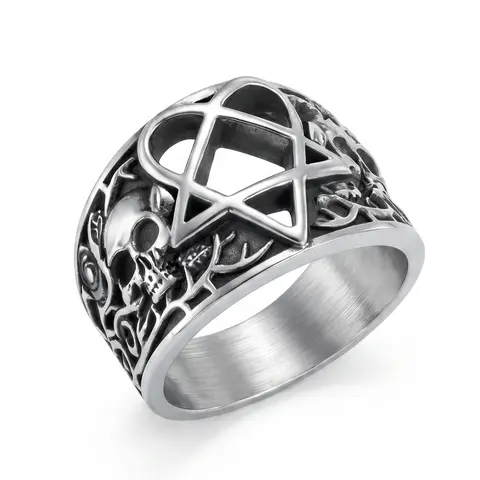 Elfasio Unisex Hypoallergenic Stainless Steel Gothic Band Ring - Heartagram, Rose/Skull, Pentagram Designs, Retro Look Finger Jewelry (Sizes 8-13) for Punk Rock Gifts, Women's Everyday Wear, Dark Fantasy Aesthetic Spooky Style Accessories