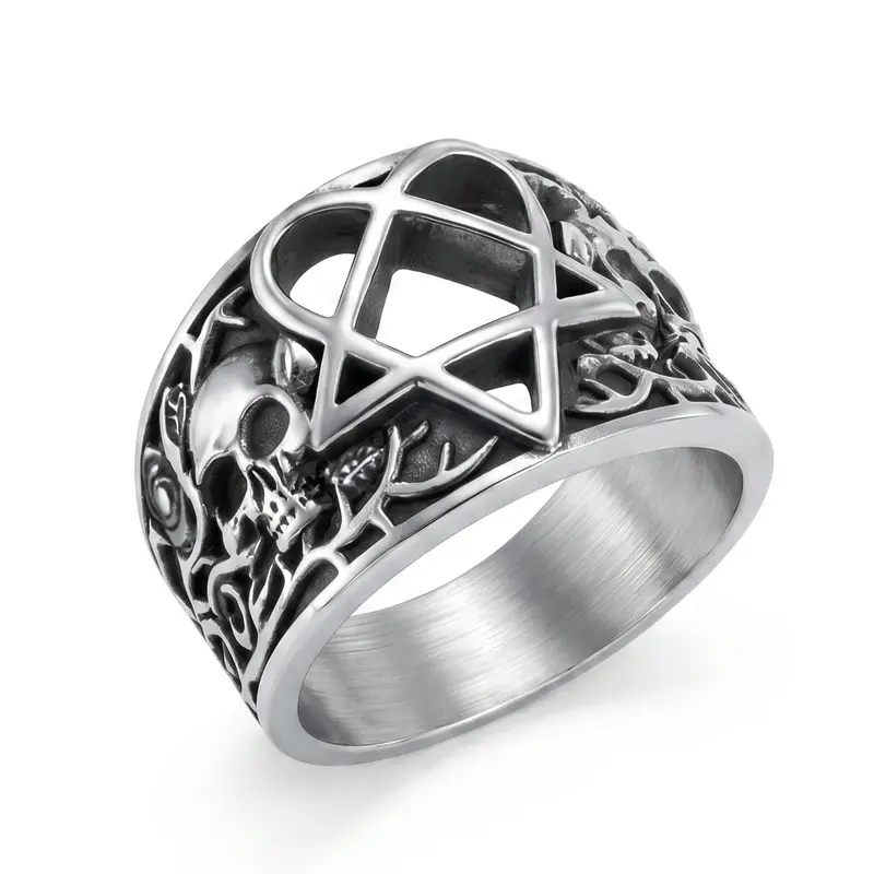 Elfasio Unisex Hypoallergenic Stainless Steel Gothic Band Ring - Heartagram, Rose/Skull, Pentagram Designs, Retro Look Finger Jewelry (Sizes 8-13) for Punk Rock Gifts, Women's Everyday Wear, Dark Fantasy Aesthetic Spooky Style Accessories