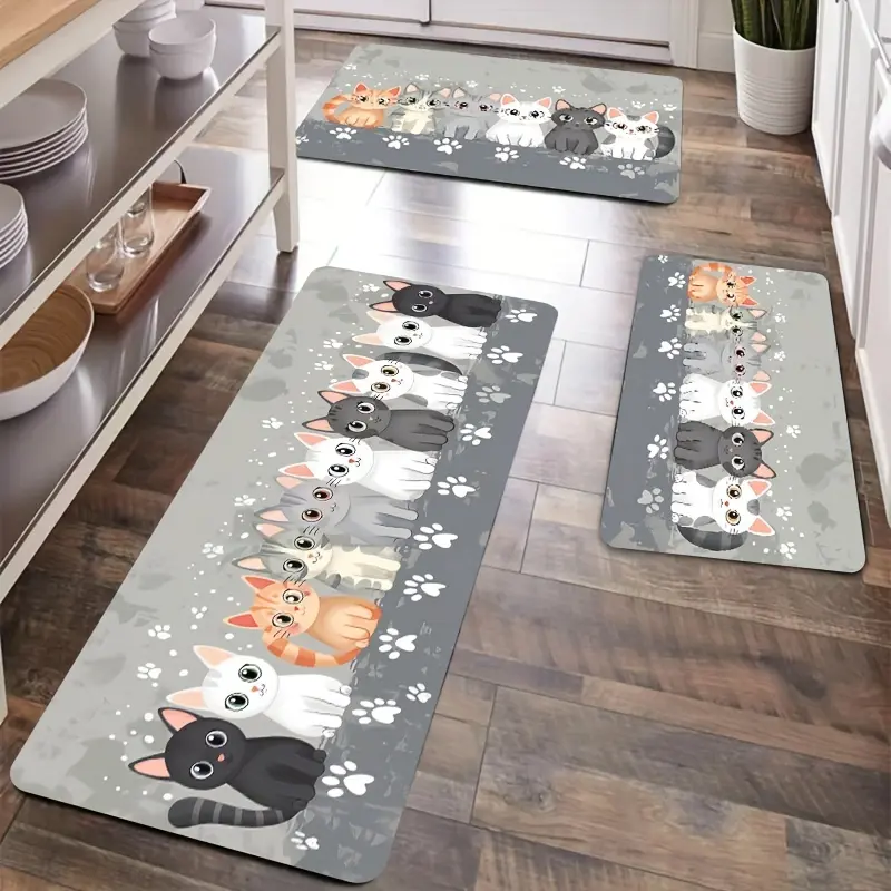 1/2/3pcs, Cute Cartoon Cat Paw Print Rug,Kitchen Floor Rug - Machine Washable, Non-Slip Polyester Mat, Suitable for Kitchen, Living Room, Bedroom, And Entryway