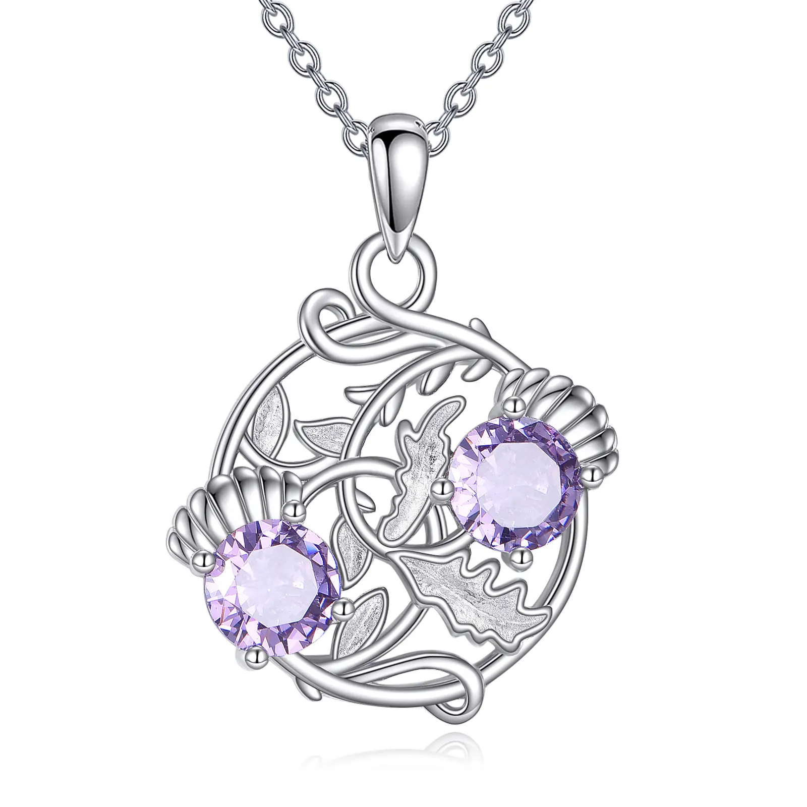925 Sterling Silver Scottish Thistle Necklace, Purple Flower Pendant Jewelry, Traditional Auspicious Gifts for Female for Birthday, Anniversary