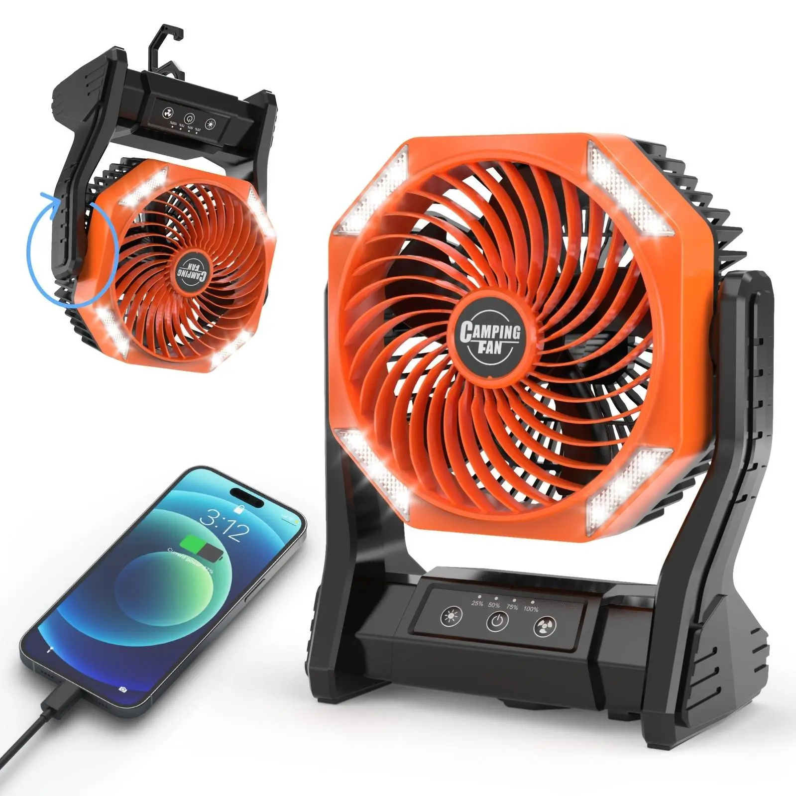 20000mAh Camping Fan with LED Light, 4 Speeds Brushless Motor, 180° Oscillating Portable Outdoor Fan, 22-26H Long Runtime, Table Fan for Camping, Hiking, Picnic, Emergency