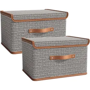 2 Pack Storage Bins with Lids, Collapsible Closet Organizer Container, Fabric Organizer Box with Handles, Decorative Storage Boxes with Lids for Organizing Clothes, Sheet, Light Grey,