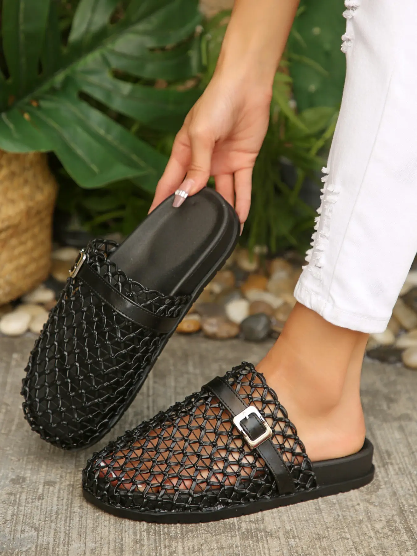 Summer New Mesh Mule Slippers for Women, Hollow Out Woven Toe Half Sandals, Casual Breathable Mules Flat Beach Shoes, Rubber