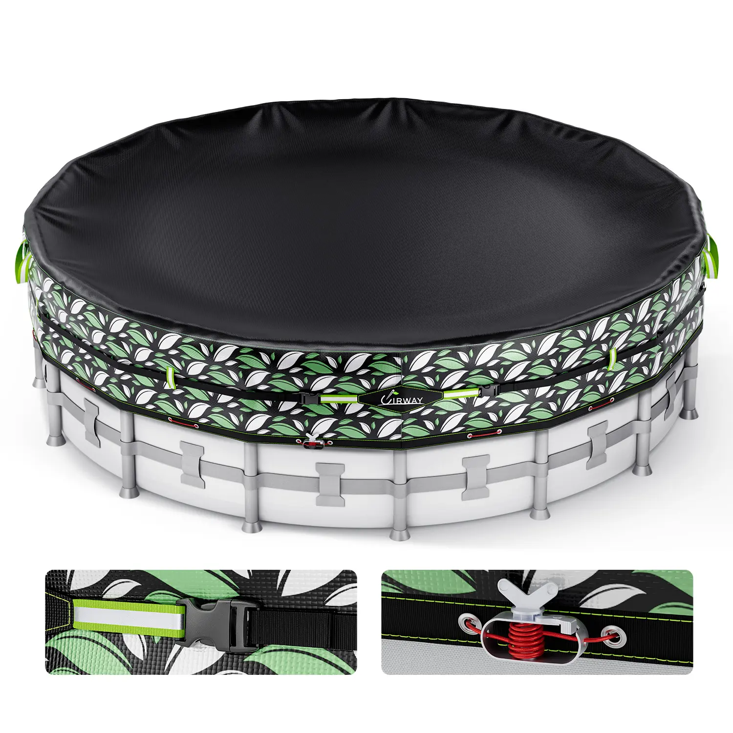 UIRWAY Winter Pool Cover for Above Ground Round Pools UV & Cold Resistant with Tearproof Tarp & Cable System Green Leaf Design