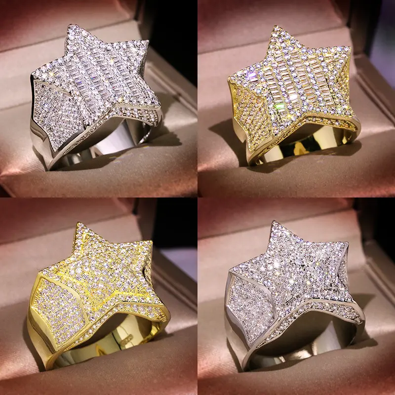 Micro-Inset Zircon Pentagram Hip Hop Men's Artificial Gemstone Ring, European & American Fashion Jewelry Accessory, Rings