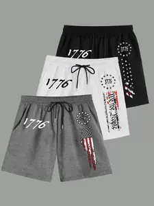 3-Pack 1776 "We The People" Patriotic Men's Shorts - Vintage American Flag Print Gym Training Athletic Shorts - Casual High Waisted Drawstring Summer Sweat Shorts